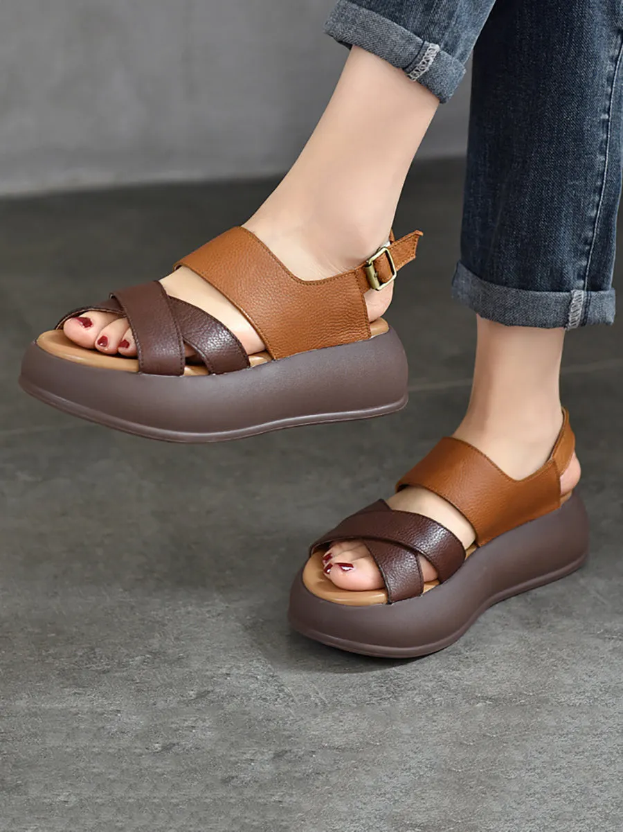 Women Summer Colorblock Leather Platform Sandal