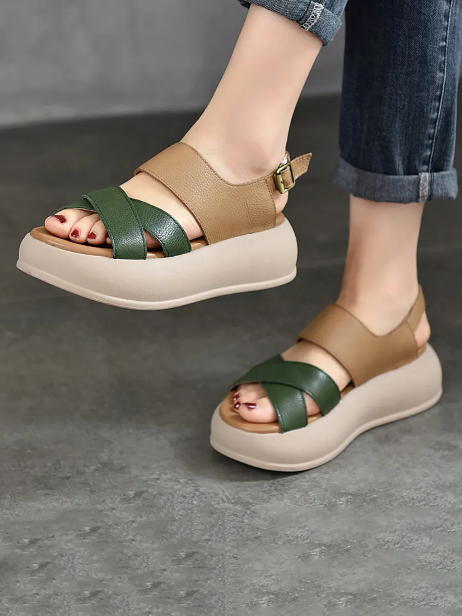 Women Summer Colorblock Leather Platform Sandal