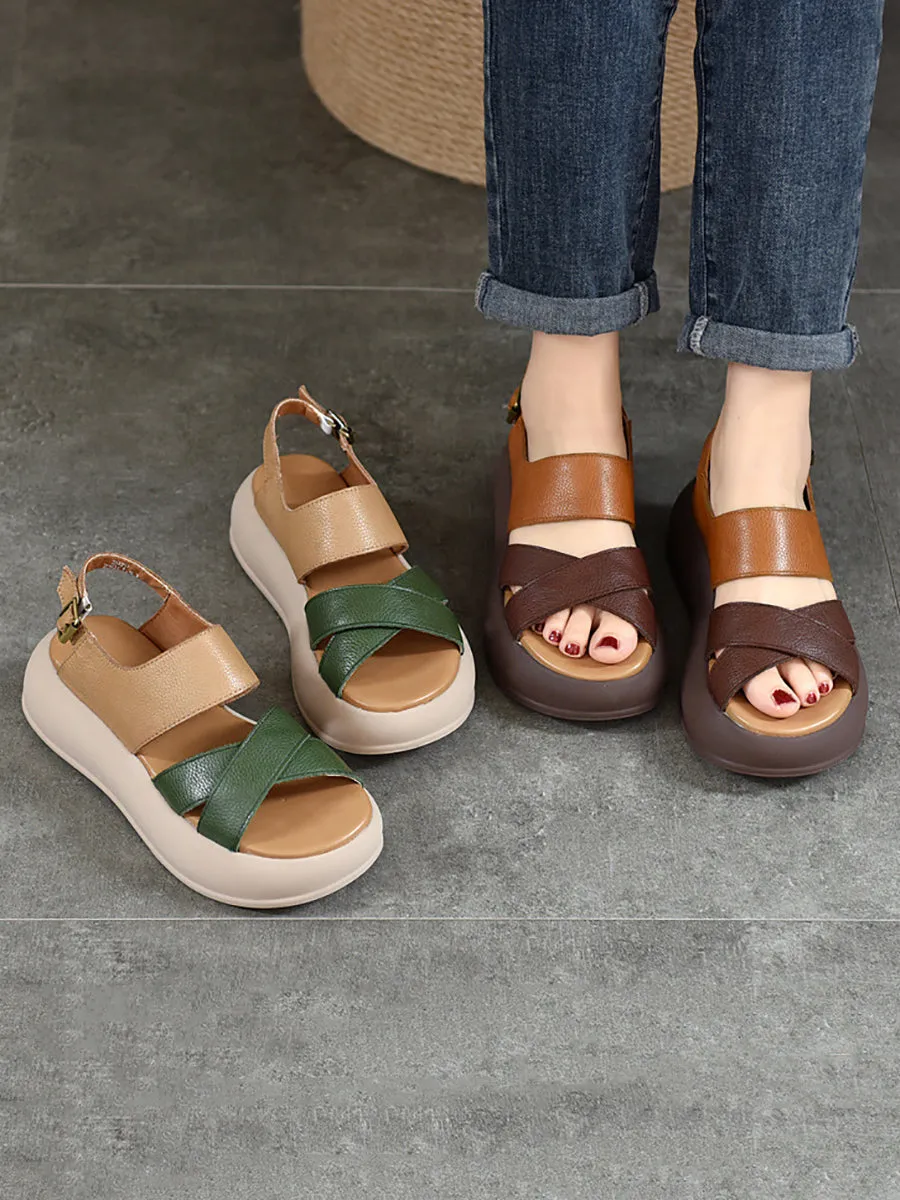 Women Summer Colorblock Leather Platform Sandal