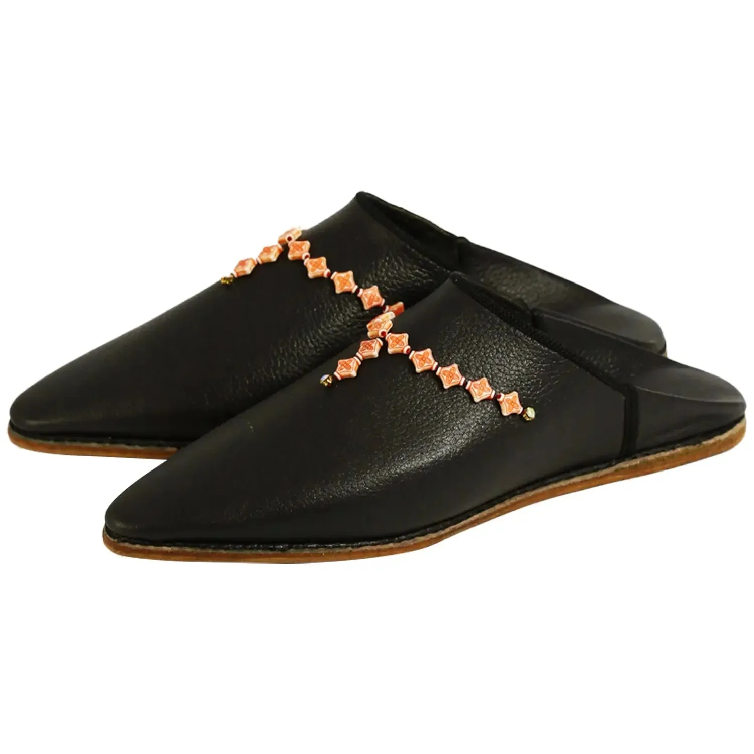 Women's Deco Pearls Black Moroccan Babouches Leather Slippers