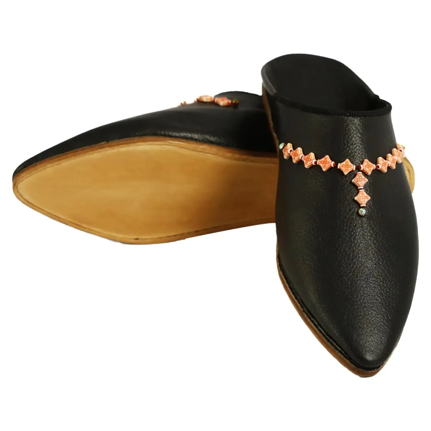 Women's Deco Pearls Black Moroccan Babouches Leather Slippers