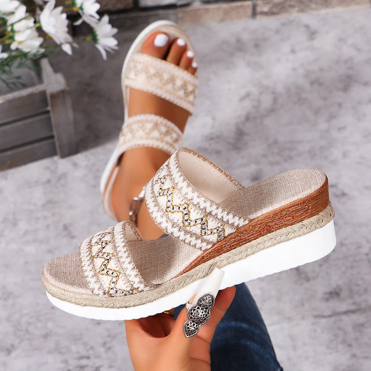 Womens Wide Linen Strap Ethic Sandals