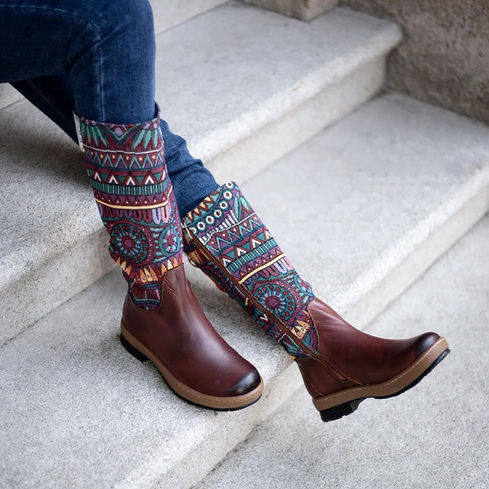 Zalor Bohemian Splicing Pattern Flat Leather Mid-Calf Boots