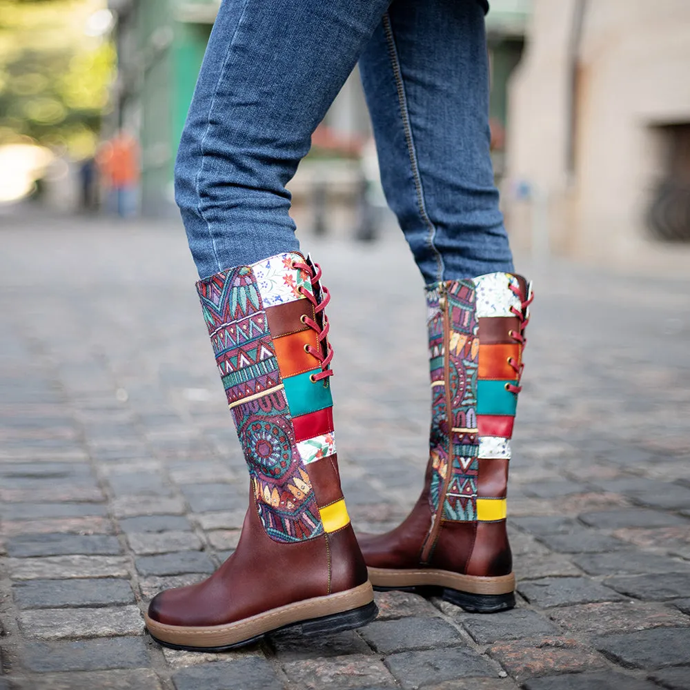 Zalor Bohemian Splicing Pattern Flat Leather Mid-Calf Boots