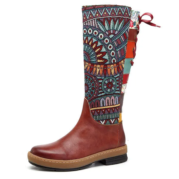 Zalor Bohemian Splicing Pattern Flat Leather Mid-Calf Boots