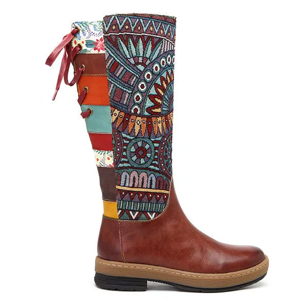 Zalor Bohemian Splicing Pattern Flat Leather Mid-Calf Boots