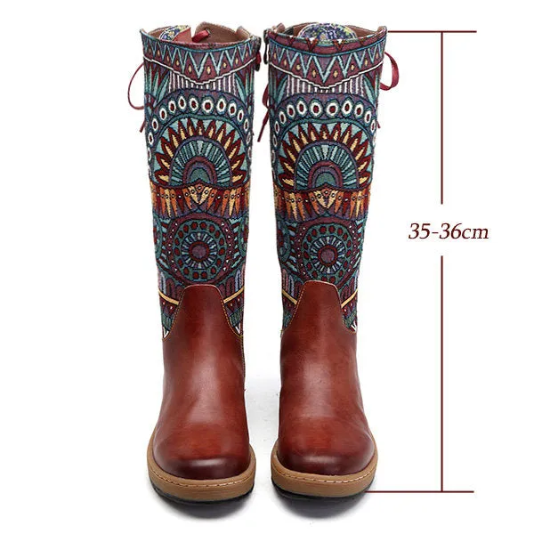 Zalor Bohemian Splicing Pattern Flat Leather Mid-Calf Boots