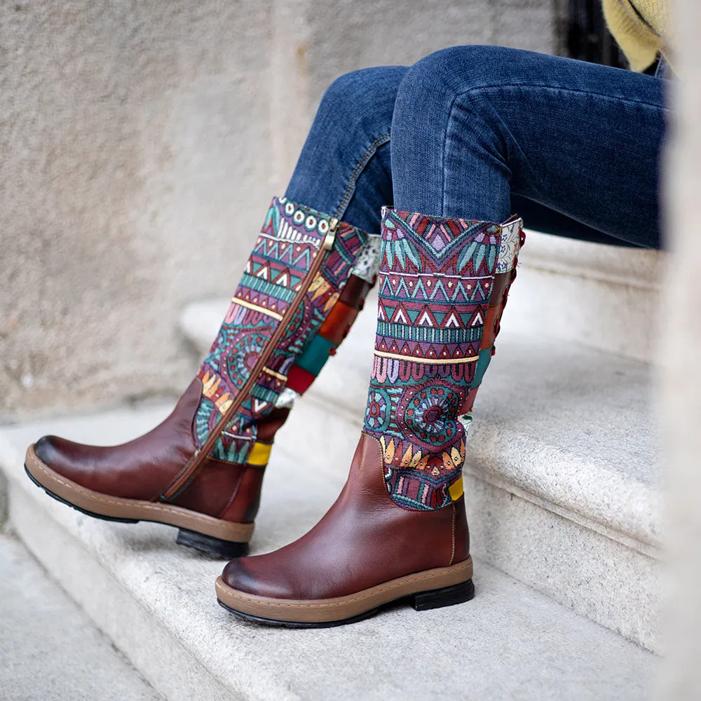 Zalor Bohemian Splicing Pattern Flat Leather Mid-Calf Boots