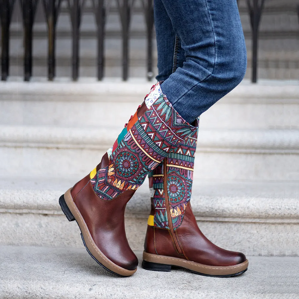 Zalor Bohemian Splicing Pattern Flat Leather Mid-Calf Boots