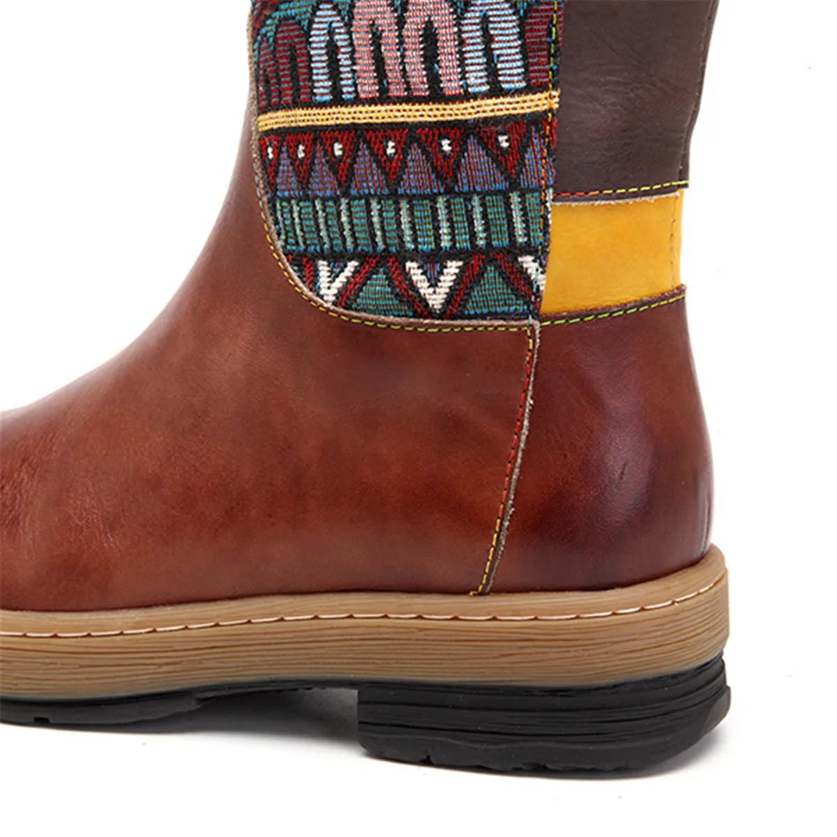 Zalor Bohemian Splicing Pattern Flat Leather Mid-Calf Boots
