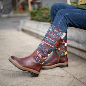 Zalor Bohemian Splicing Pattern Flat Leather Mid-Calf Boots